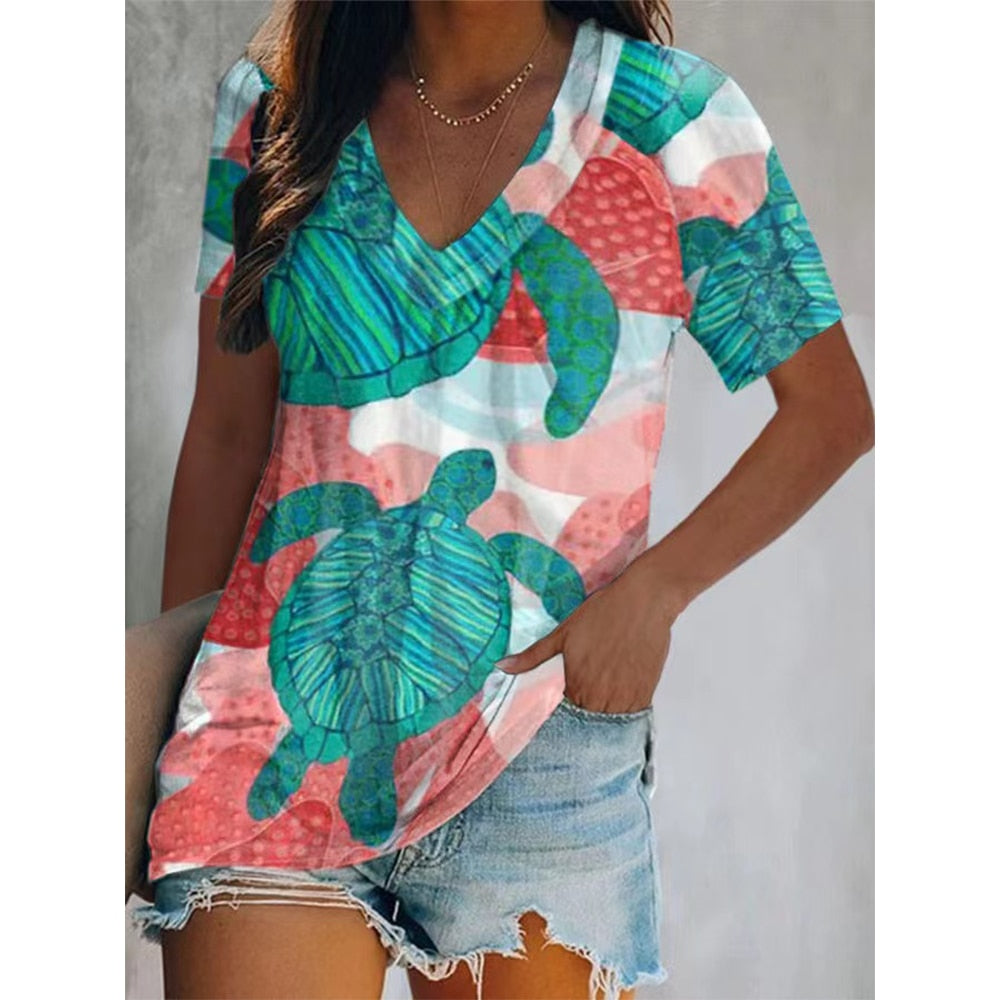 Print V-neck Short Sleeve Plaid Pullover T-Shirt