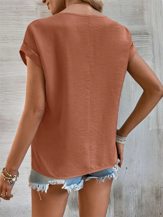 Solid Color Hollow Out Splicing Lace Short Sleeve O Neck Pullover T-Shirt