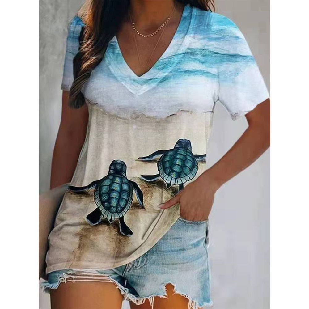 Print V-neck Short Sleeve Plaid Pullover T-Shirt