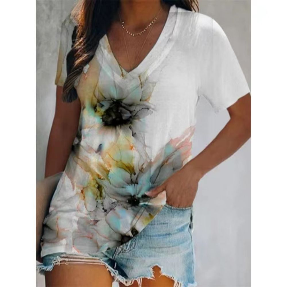 Print V-neck Short Sleeve Plaid Pullover T-Shirt