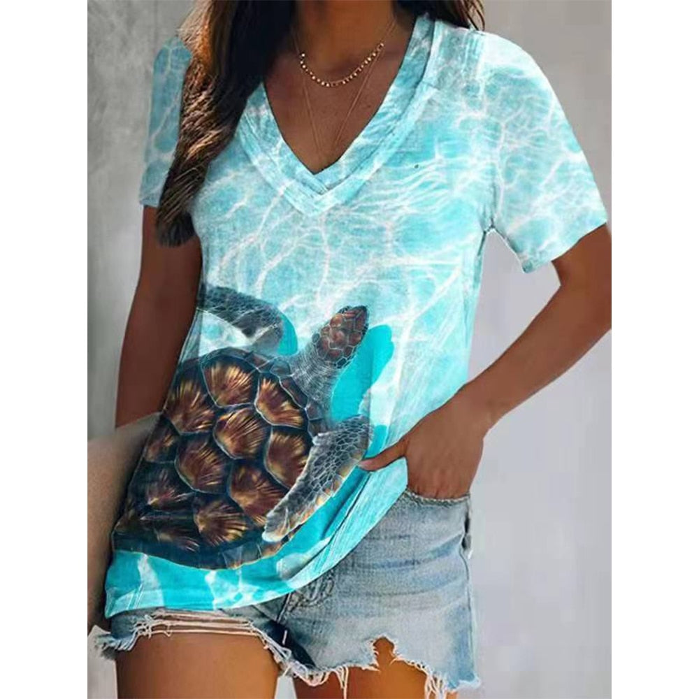 Print V-neck Short Sleeve Plaid Pullover T-Shirt