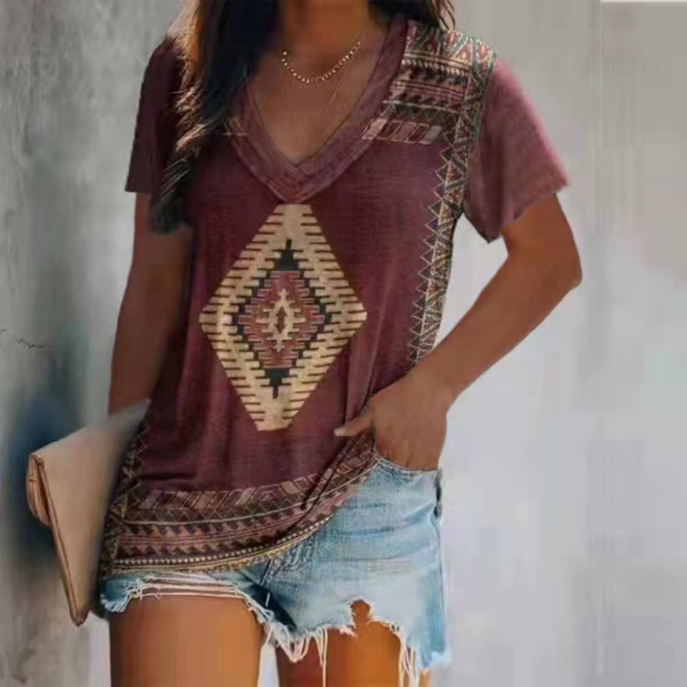 Print V-neck Short Sleeve Plaid Pullover T-Shirt