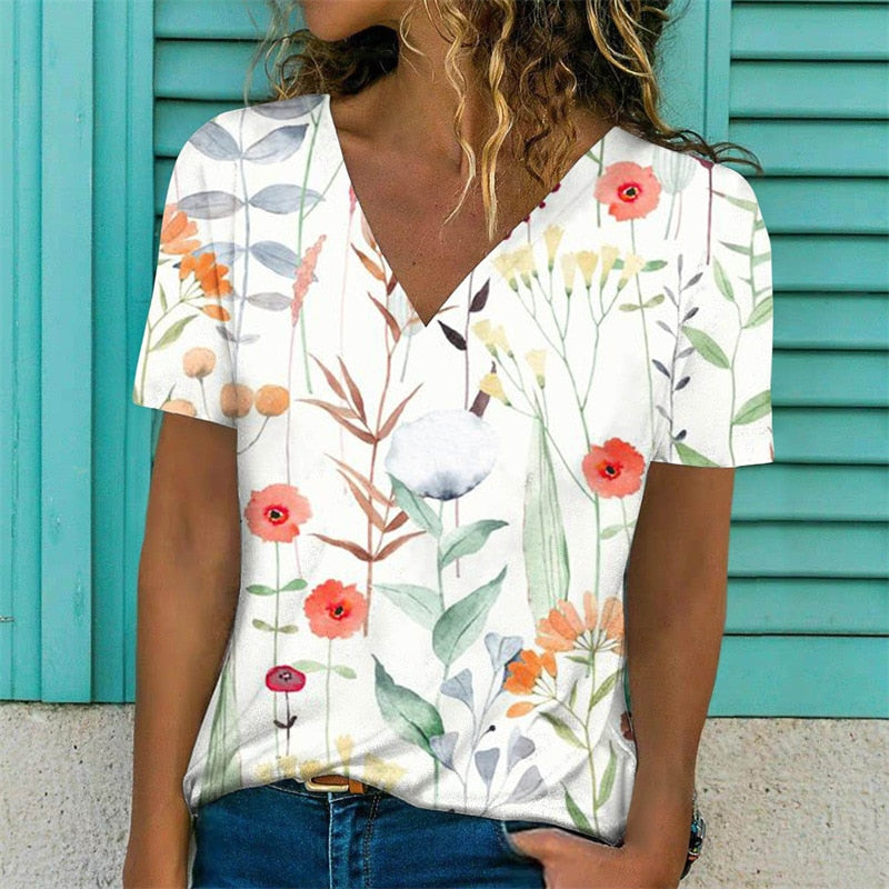 V-Neck Loose Pullover Short Sleeve Print T-Shirt