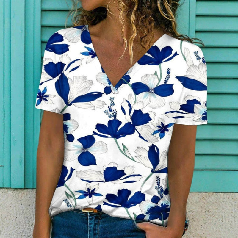 V-Neck Loose Pullover Short Sleeve Print T-Shirt