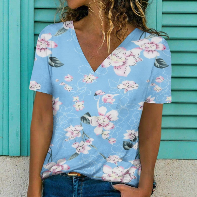 V-Neck Loose Pullover Short Sleeve Print T-Shirt