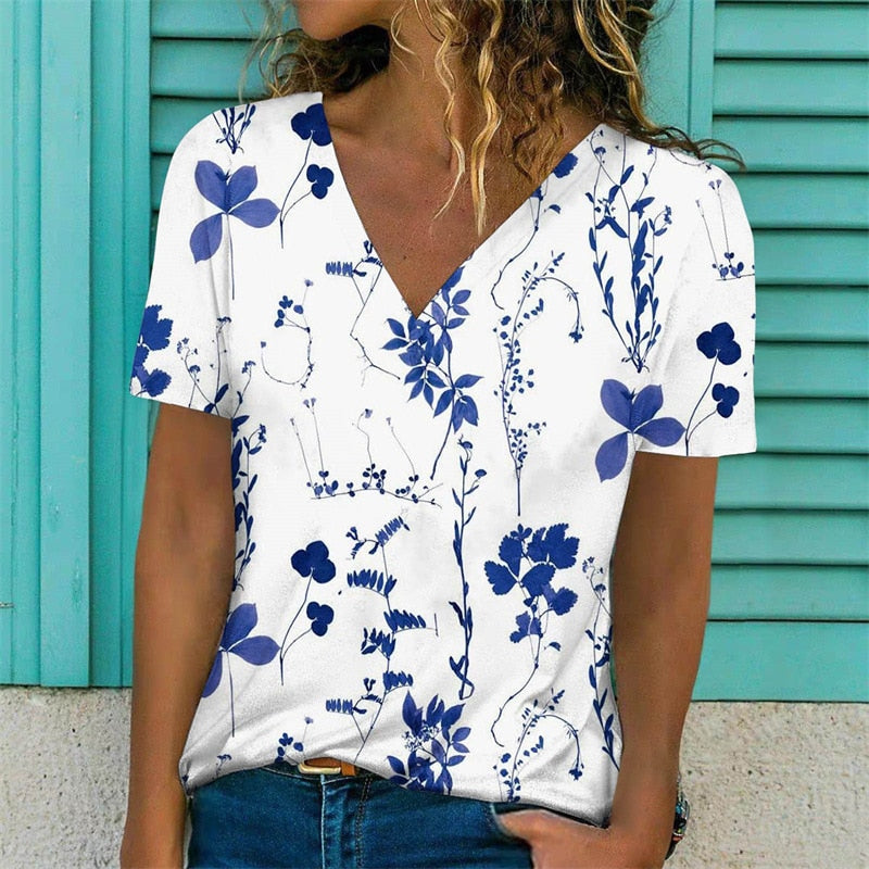 V-Neck Loose Pullover Short Sleeve Print T-Shirt