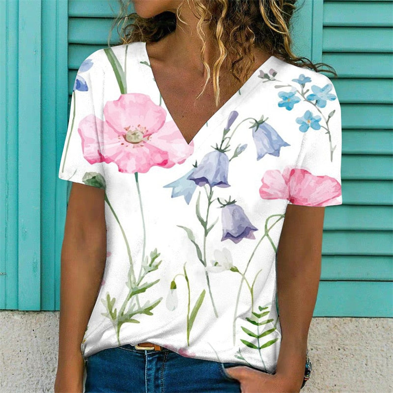 V-Neck Loose Pullover Short Sleeve Print T-Shirt