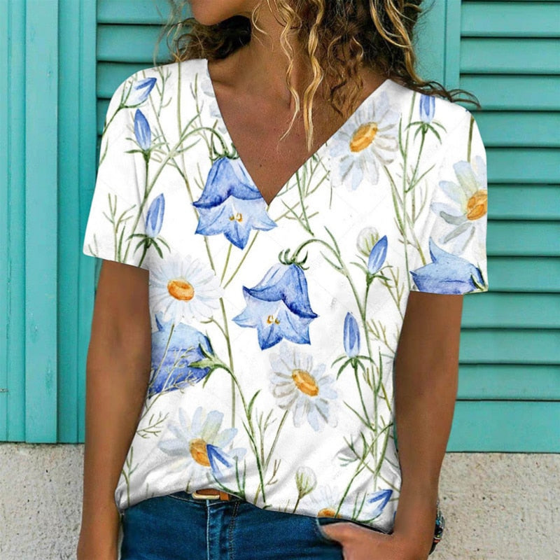 V-Neck Loose Pullover Short Sleeve Print T-Shirt