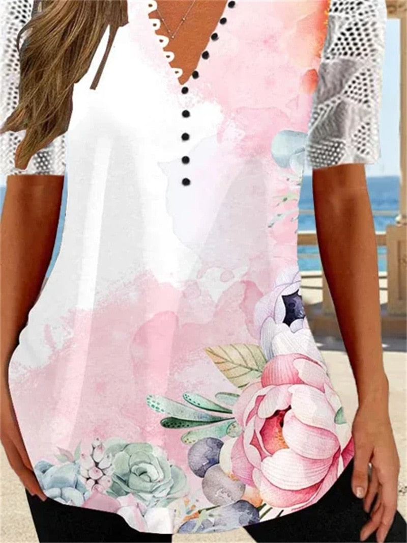 V-neck Print Loose Hollow Out Lace Short Sleeve Buttons T-Shirt