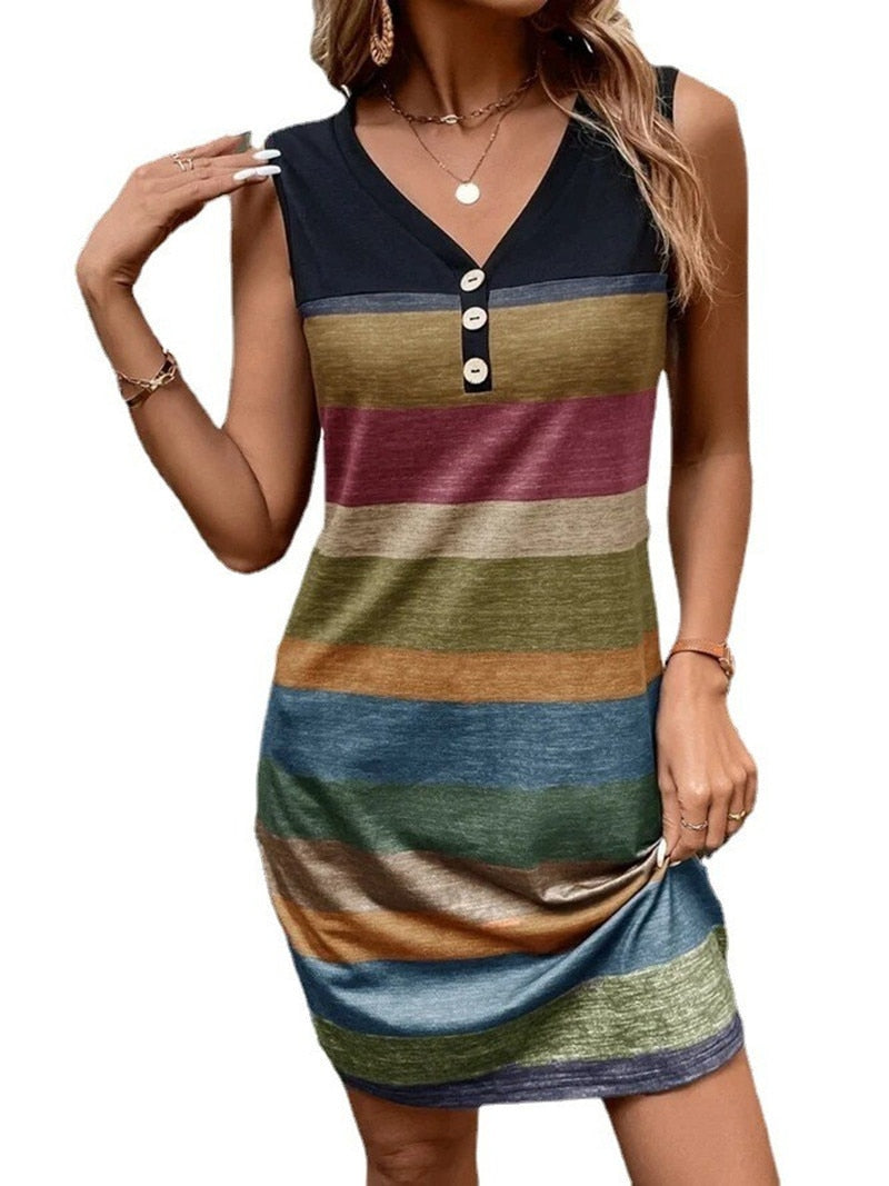 Striped Print Buttons Loose Pullover Sleeveless Mini Dress