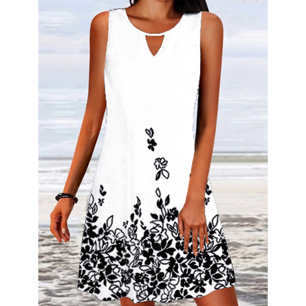 A-Line Loose Printed Design Floral Casual Round Neck Sleeveless Midi Dresses
