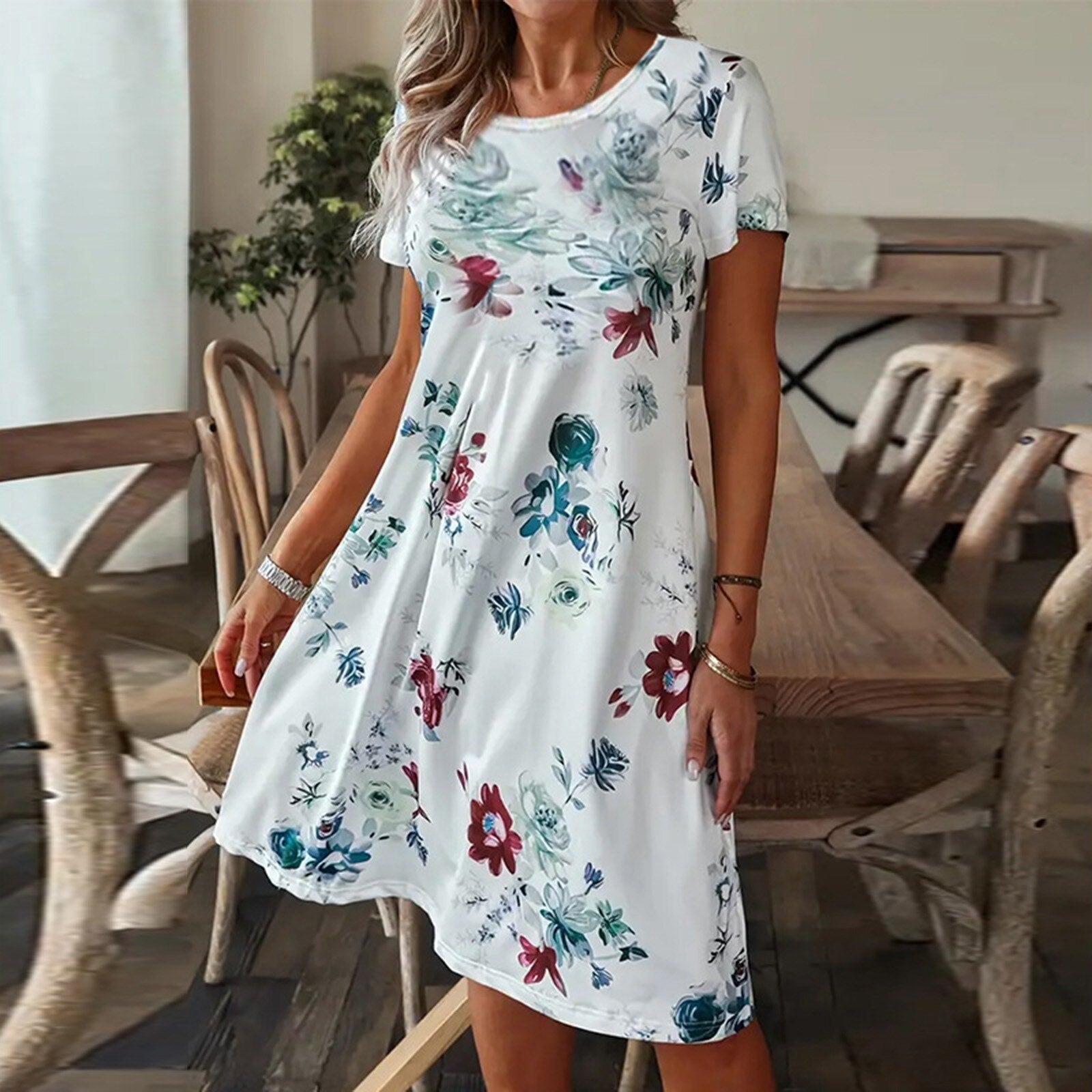 Floral Printed V-neck Loose Short Sleeve Dress