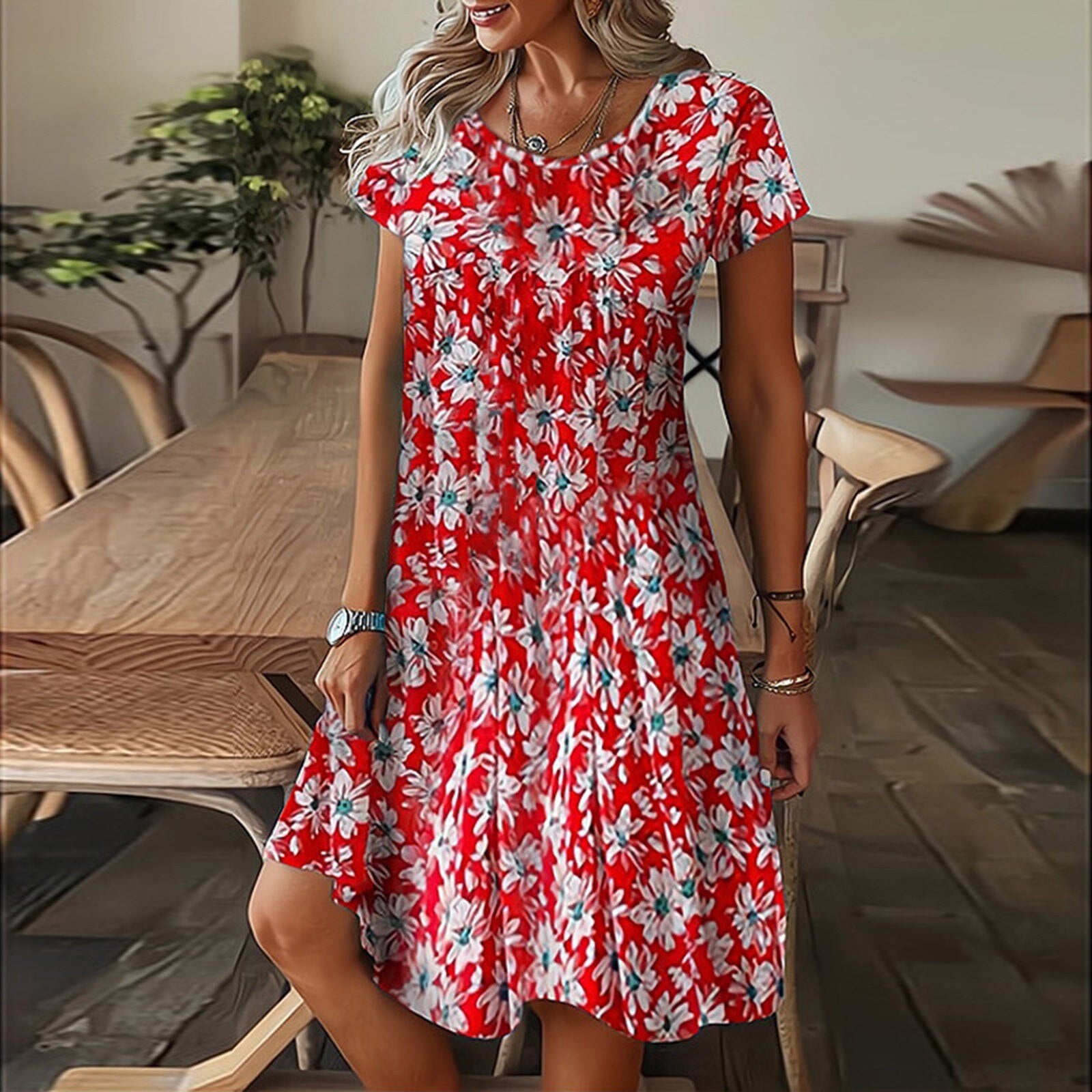 Floral Printed V-neck Loose Short Sleeve Dress