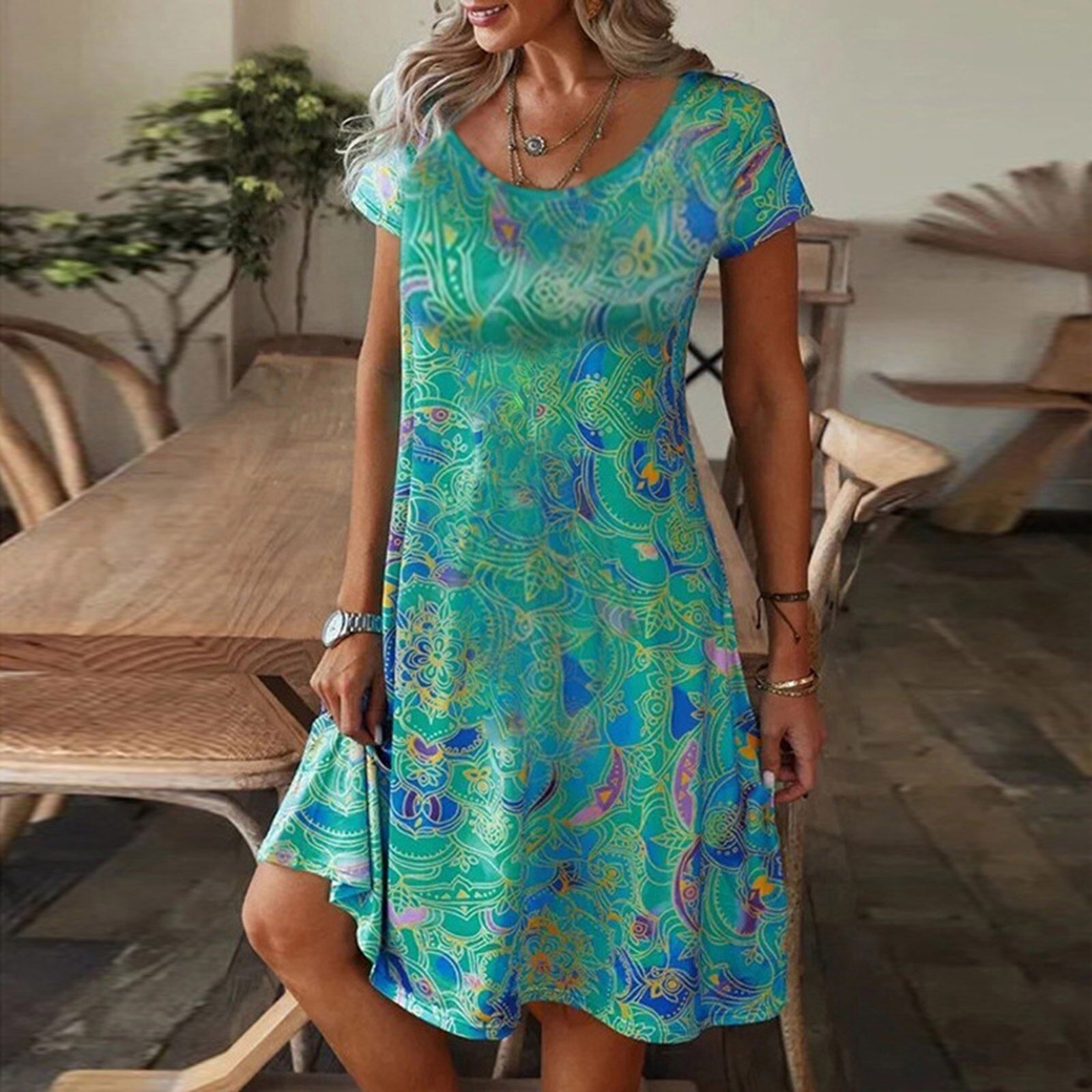 Floral Printed V-neck Loose Short Sleeve Dress