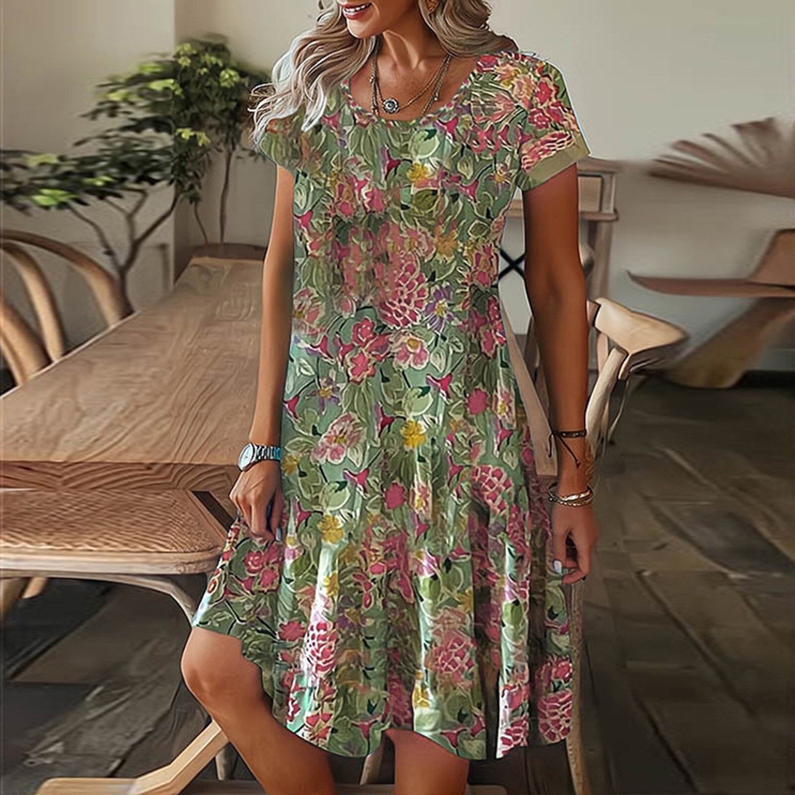 Floral Printed V-neck Loose Short Sleeve Dress
