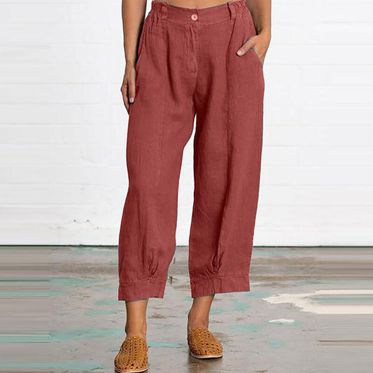 Loose Solid Pocket Cotton and Linen Cropped Pants
