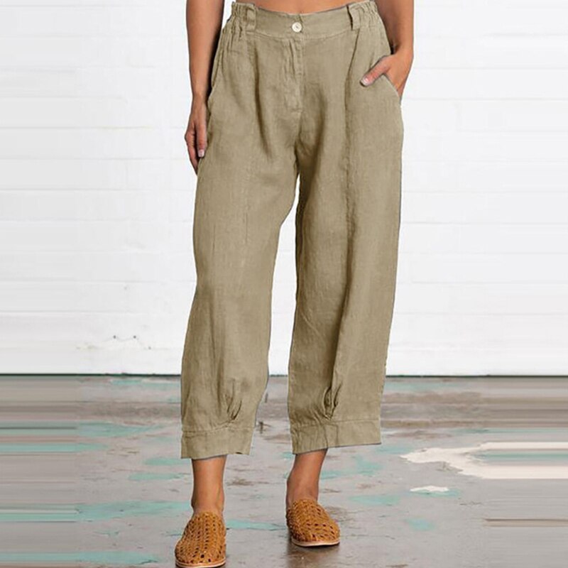 Loose Solid Pocket Cotton and Linen Cropped Pants