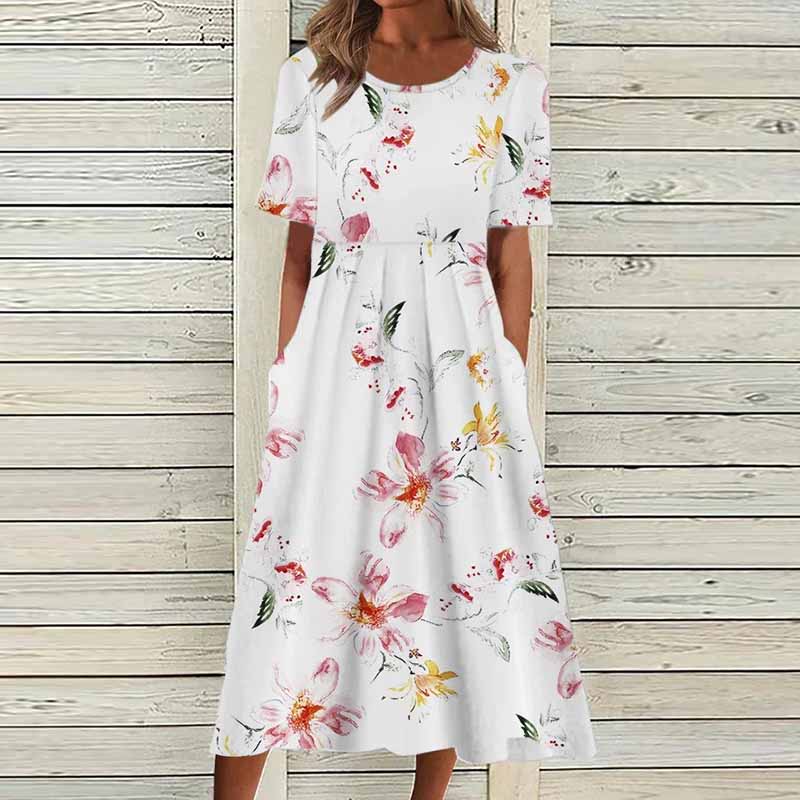 O Neck Pocket Print Short Sleeve Loose Midi Dress