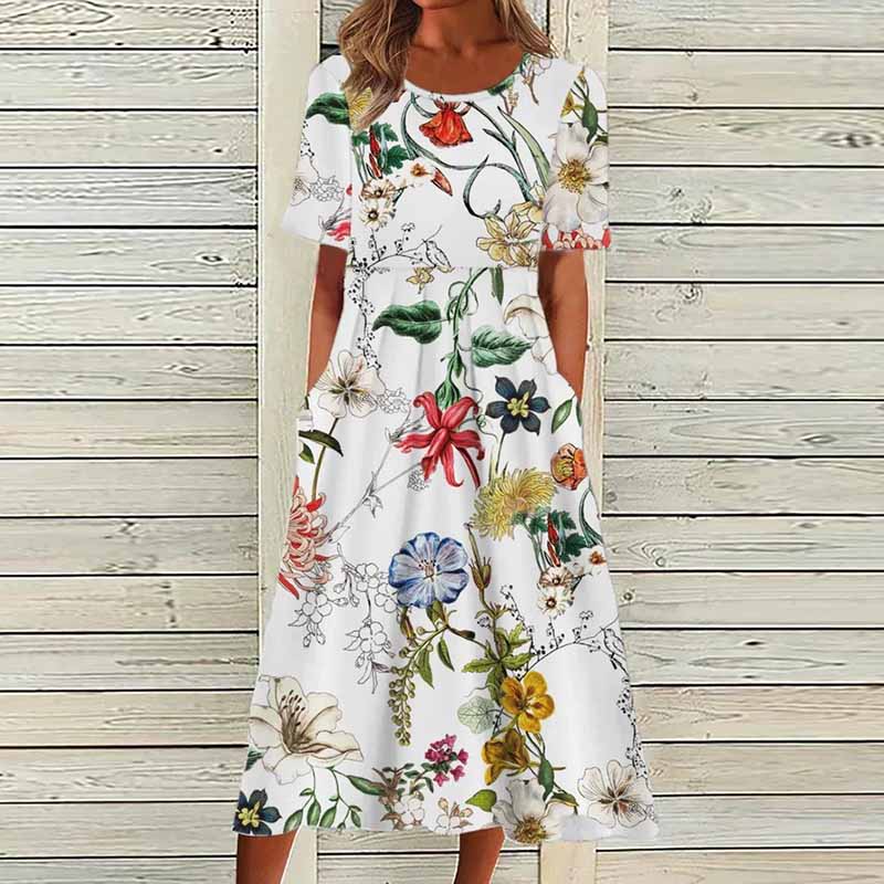 O Neck Pocket Print Short Sleeve Loose Midi Dress