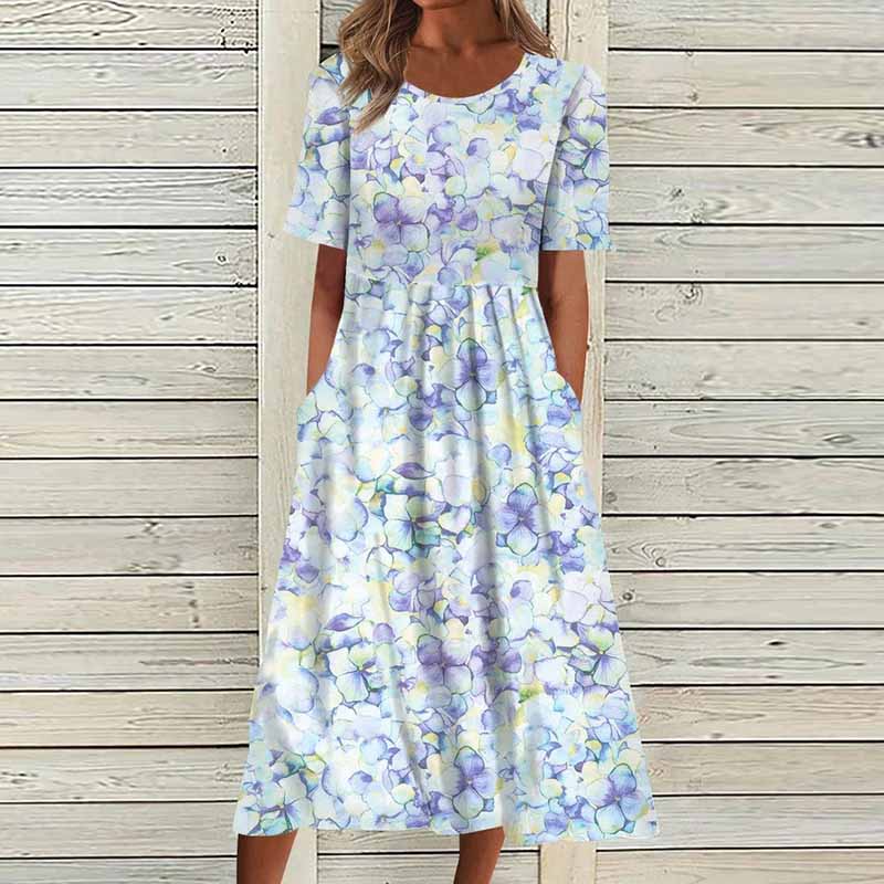 O Neck Pocket Print Short Sleeve Loose Midi Dress
