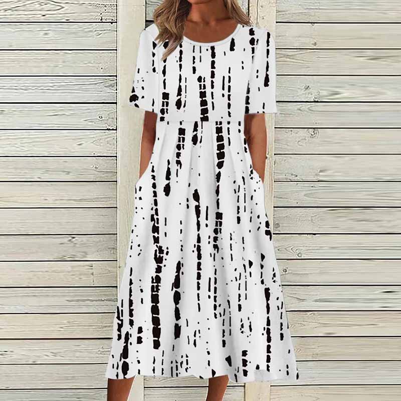 O Neck Pocket Print Short Sleeve Loose Midi Dress