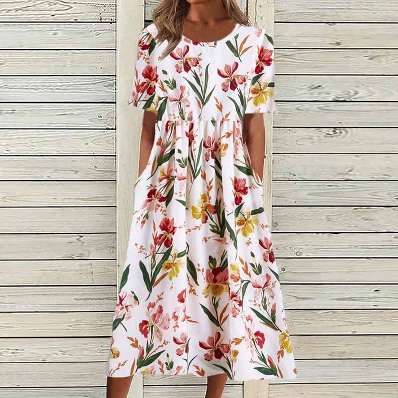 O Neck Pocket Print Short Sleeve Loose Midi Dress