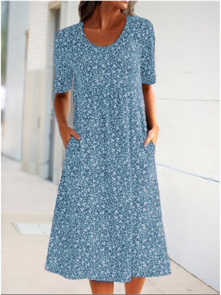 Loose Floral Print Short Sleeve Midi Dress