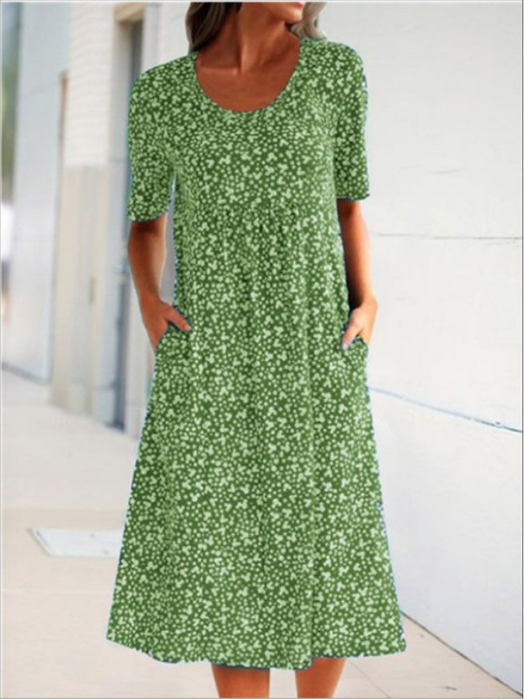 Loose Floral Print Short Sleeve Midi Dress