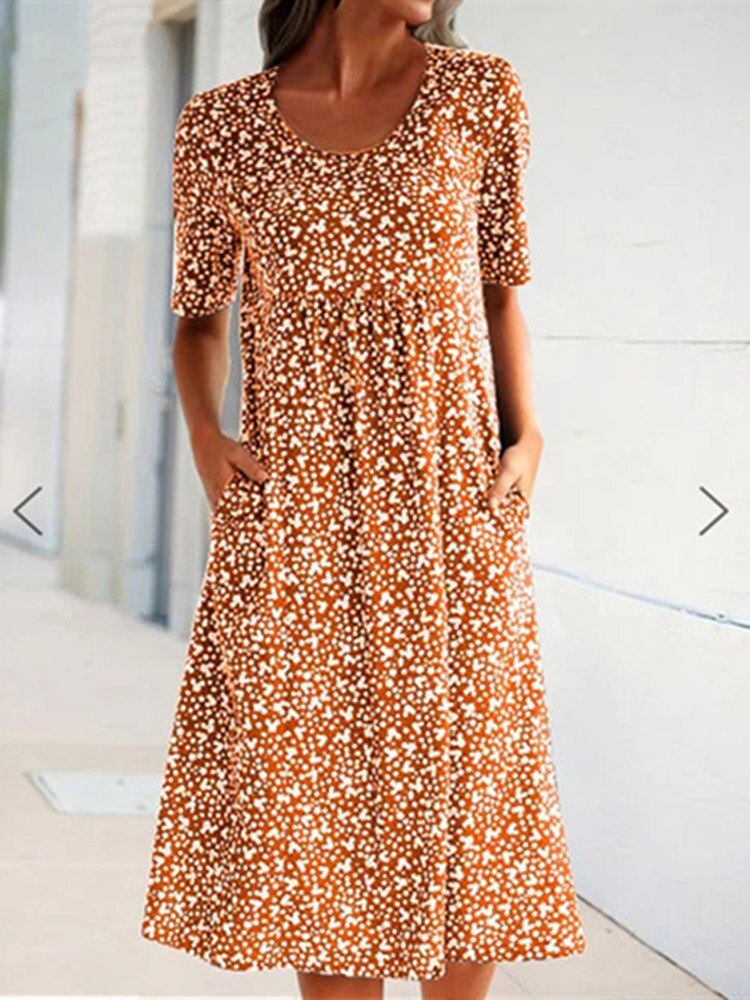 Loose Floral Print Short Sleeve Midi Dress