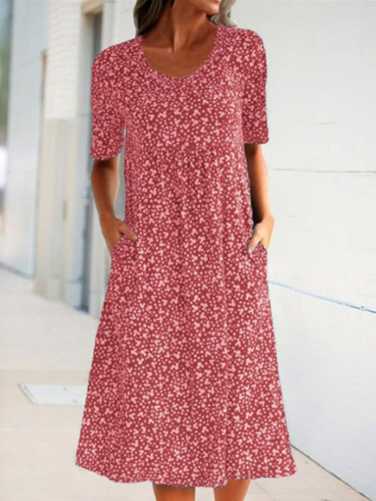 Loose Floral Print Short Sleeve Midi Dress