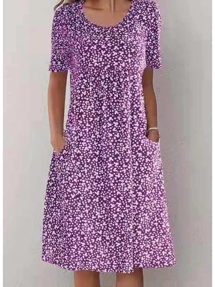 Loose Floral Print Short Sleeve Midi Dress