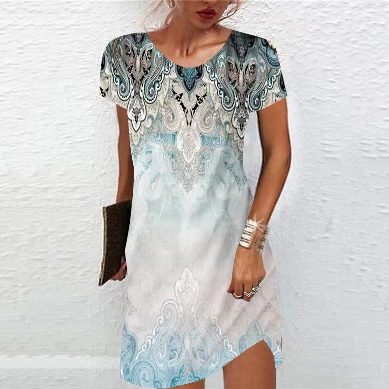 Printed Short Sleeve Round Neck Elegant Vintage Pullover Boho Flower Midi Dress