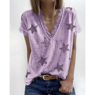 Deep V Neck Lace Patchwork Star Print Casual Loose Short Sleeve Ladies T-Shirts