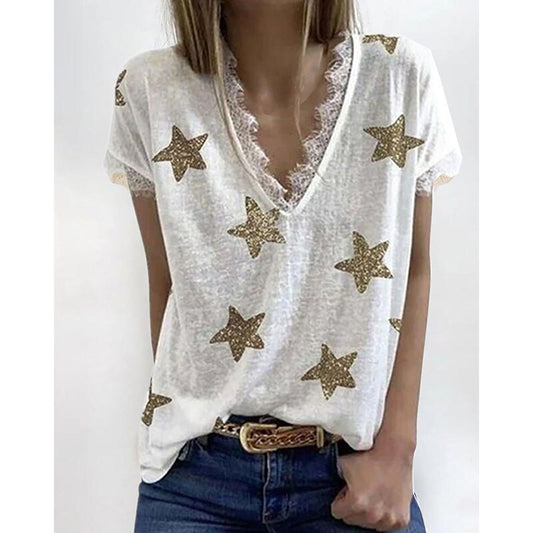 Deep V Neck Lace Patchwork Star Print Casual Loose Short Sleeve Ladies T-Shirts