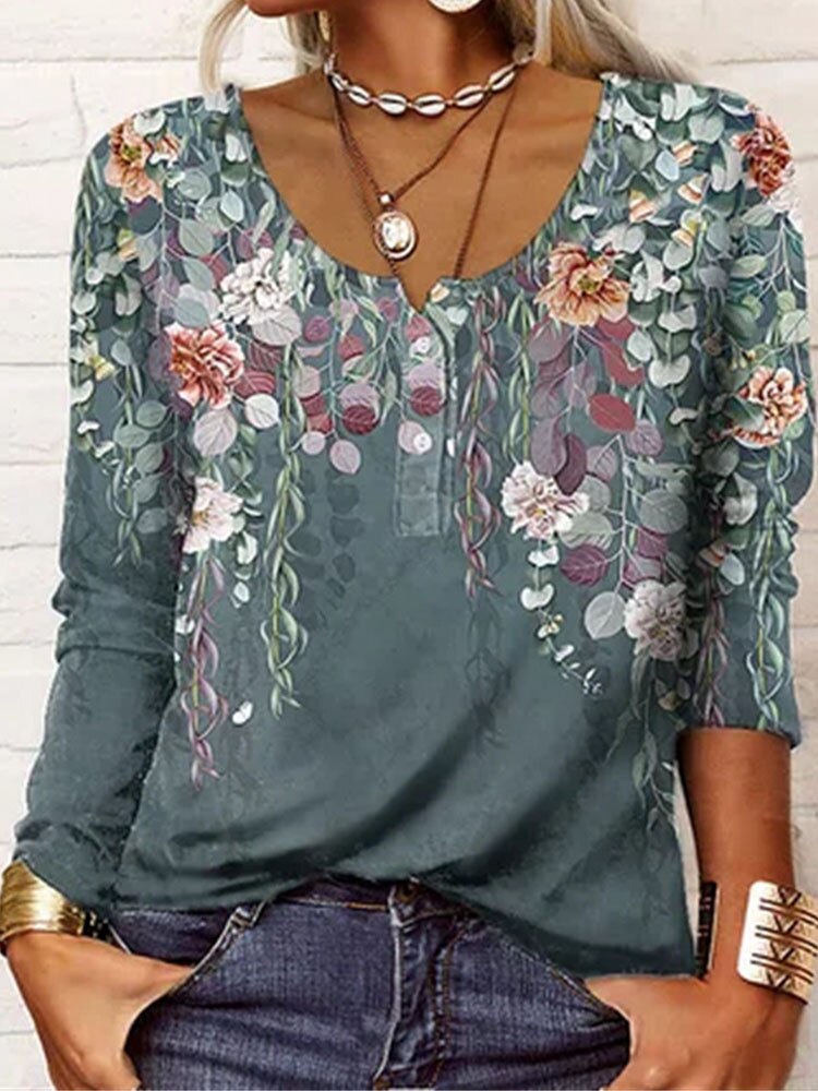 V Neck Button Long Sleeve Floral Print Loose T-Shirt