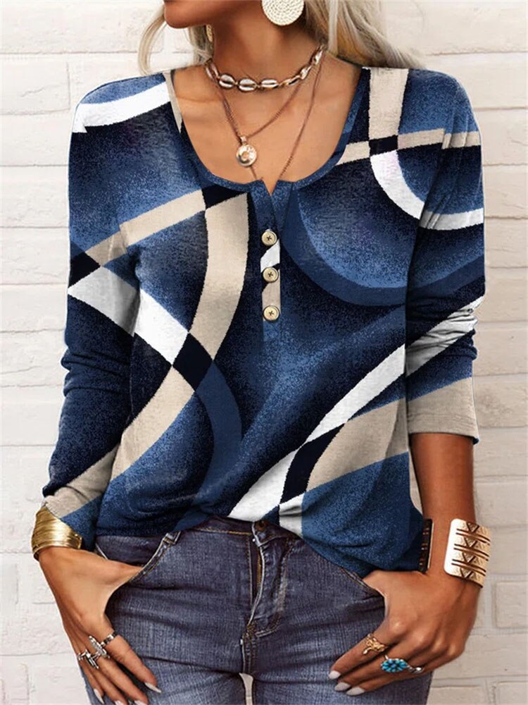 V Neck Button Long Sleeve Floral Print Loose T-Shirt
