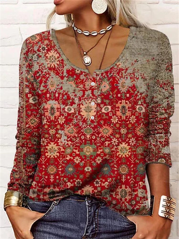 V Neck Button Long Sleeve Floral Print Loose T-Shirt