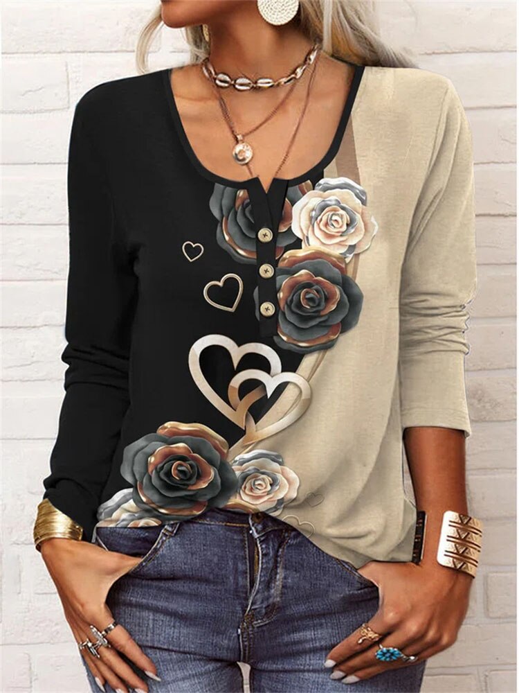 V Neck Button Long Sleeve Floral Print Loose T-Shirt