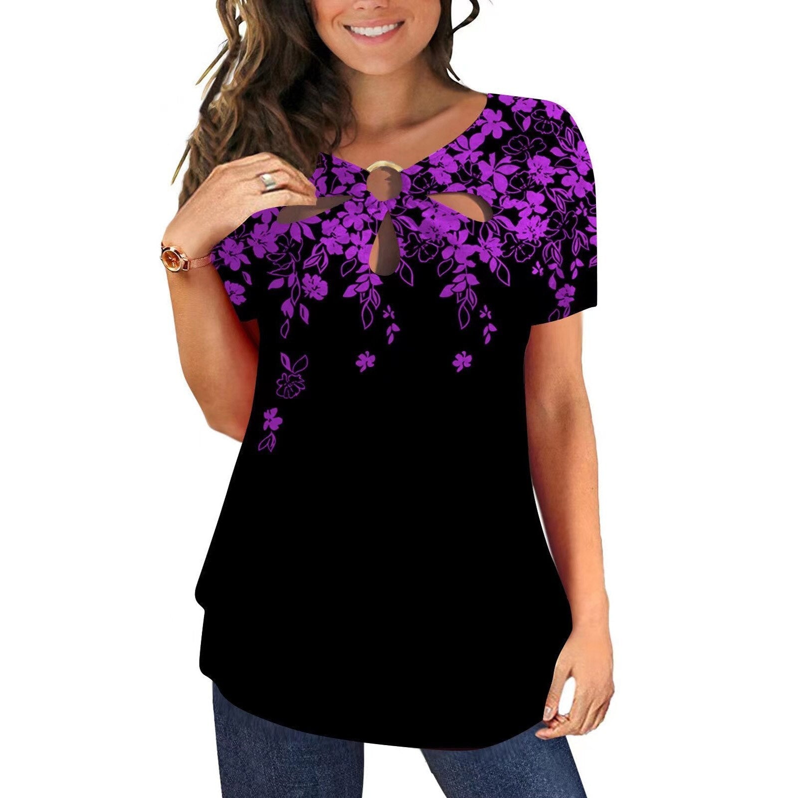 Loose Short-sleeved Floral Print O Neck T-Shirt