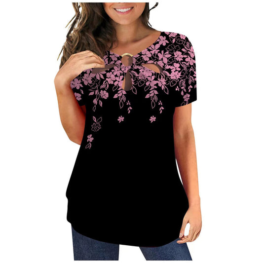 Loose Short-sleeved Floral Print O Neck T-Shirt