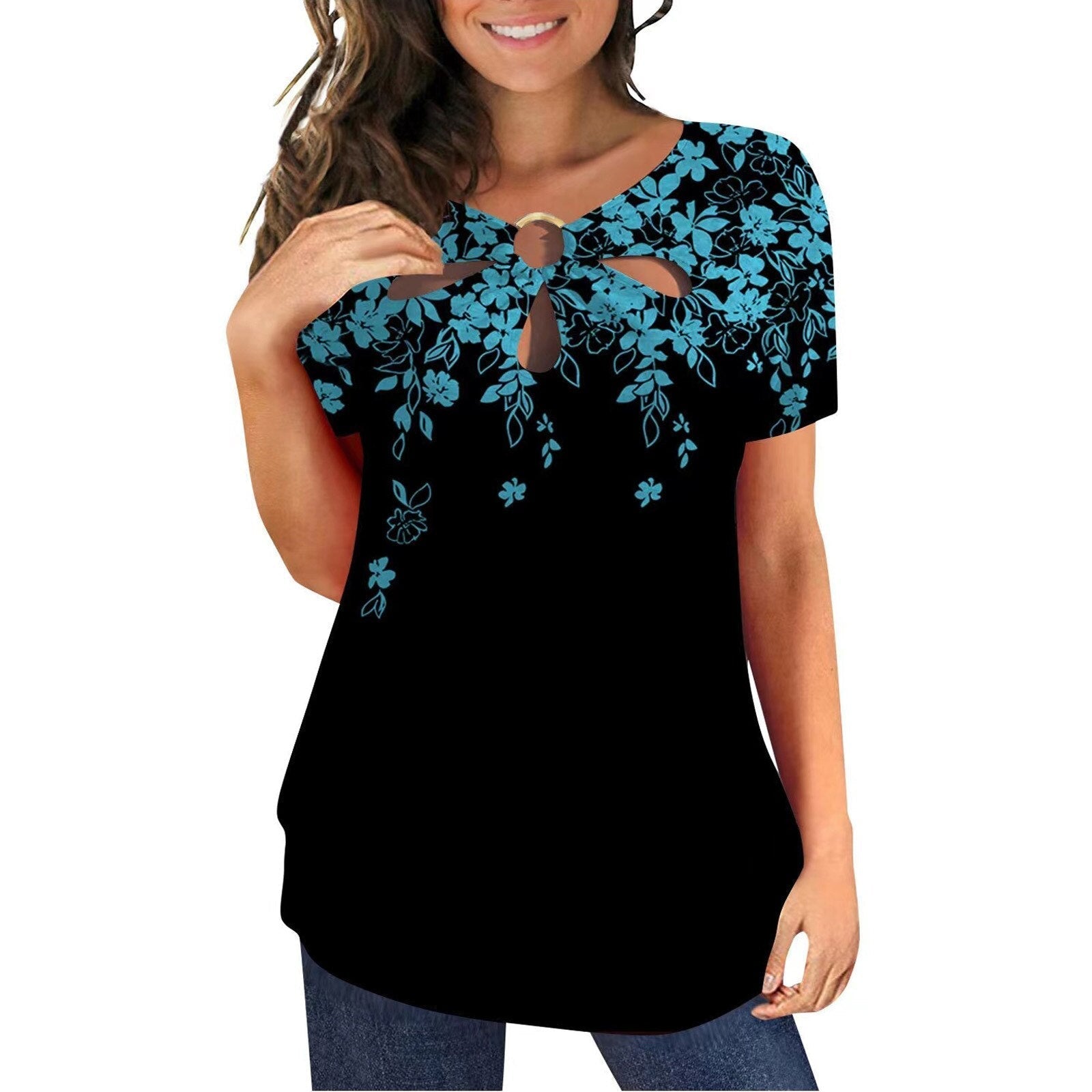 Loose Short-sleeved Floral Print O Neck T-Shirt
