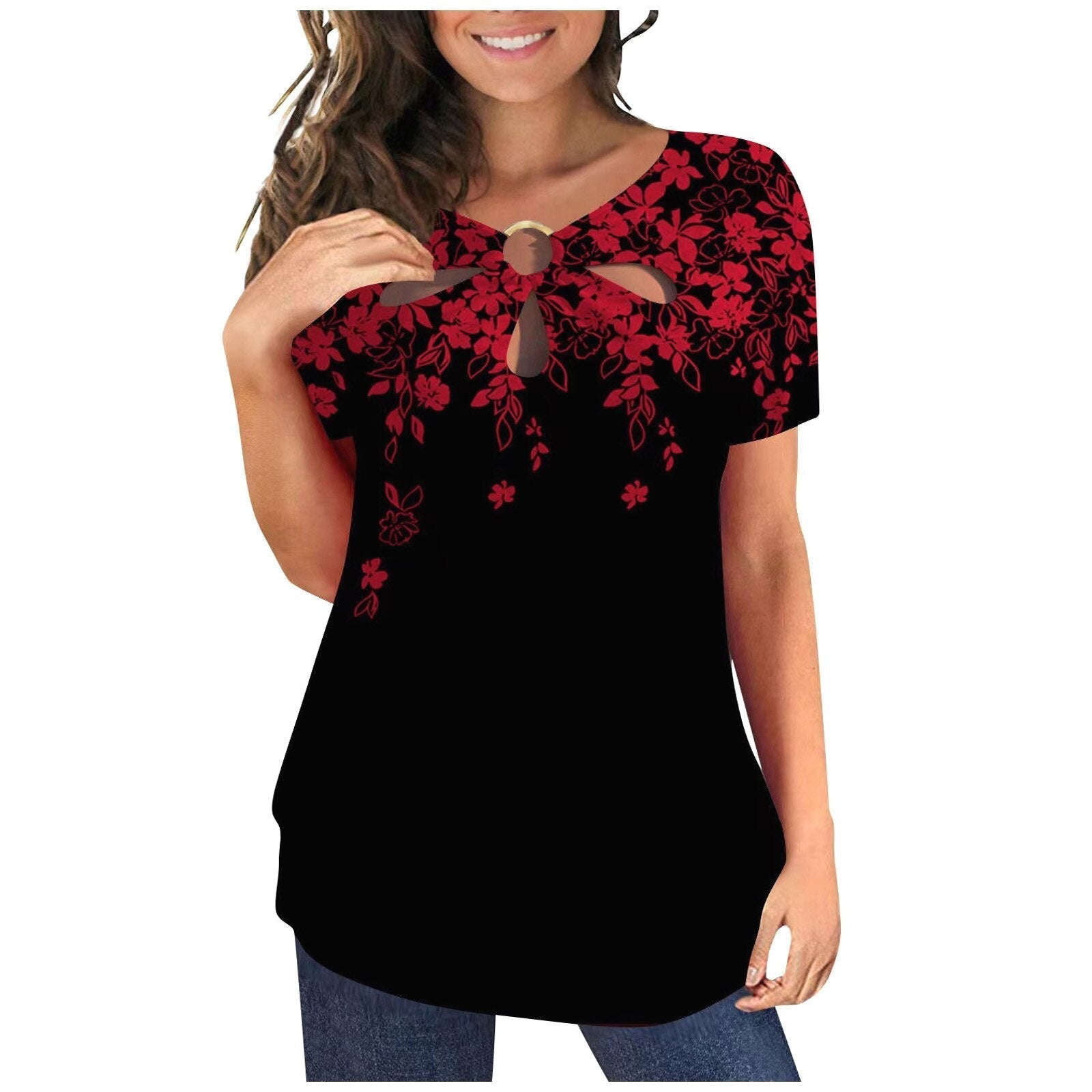 Loose Short-sleeved Floral Print O Neck T-Shirt