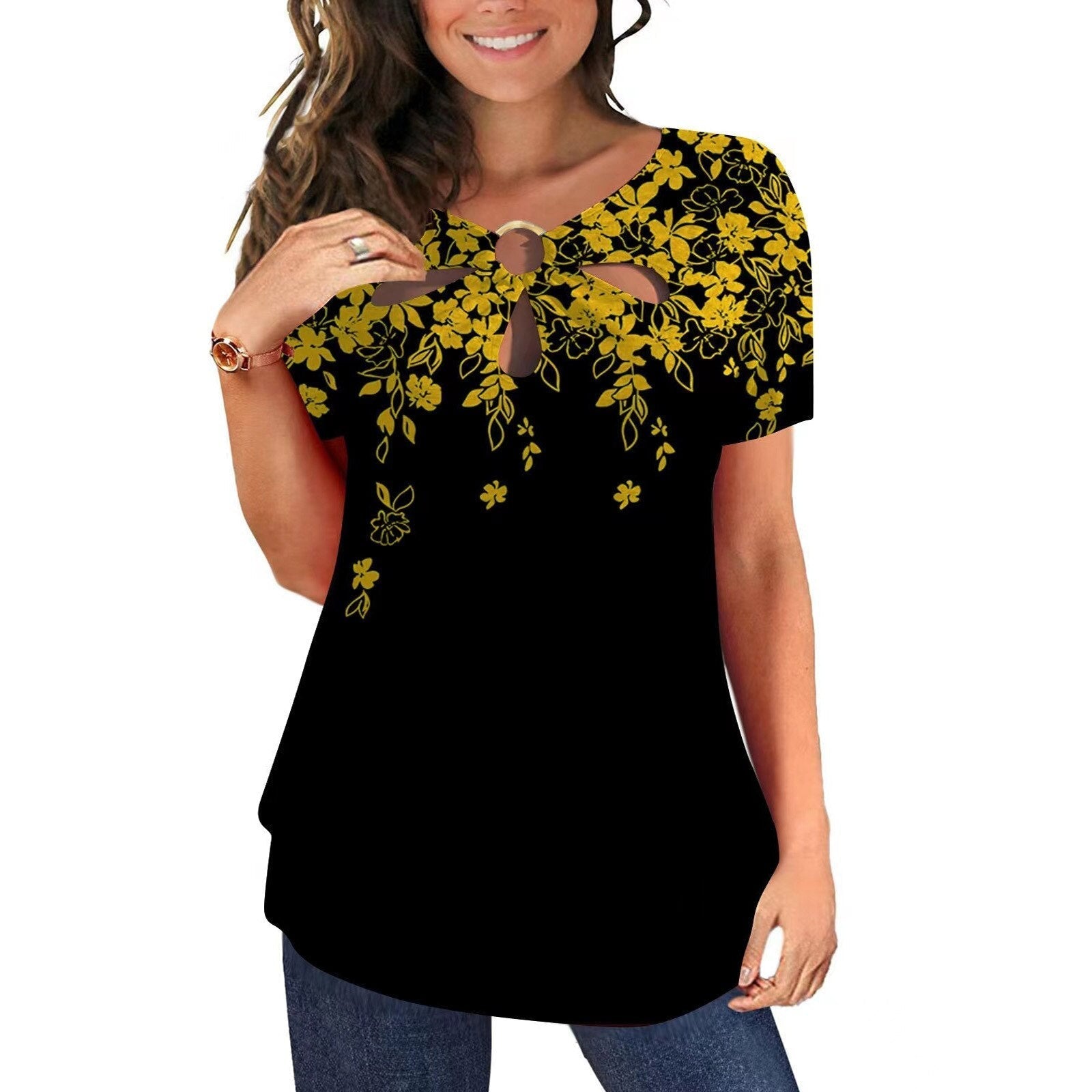 Loose Short-sleeved Floral Print O Neck T-Shirt