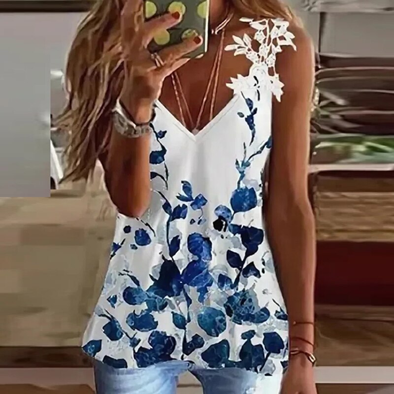 Print Lace Strap V Neck Sleeveless Tank Tops