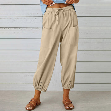 Cotton Linen Pockets Solid Loose Casual Long Trousers