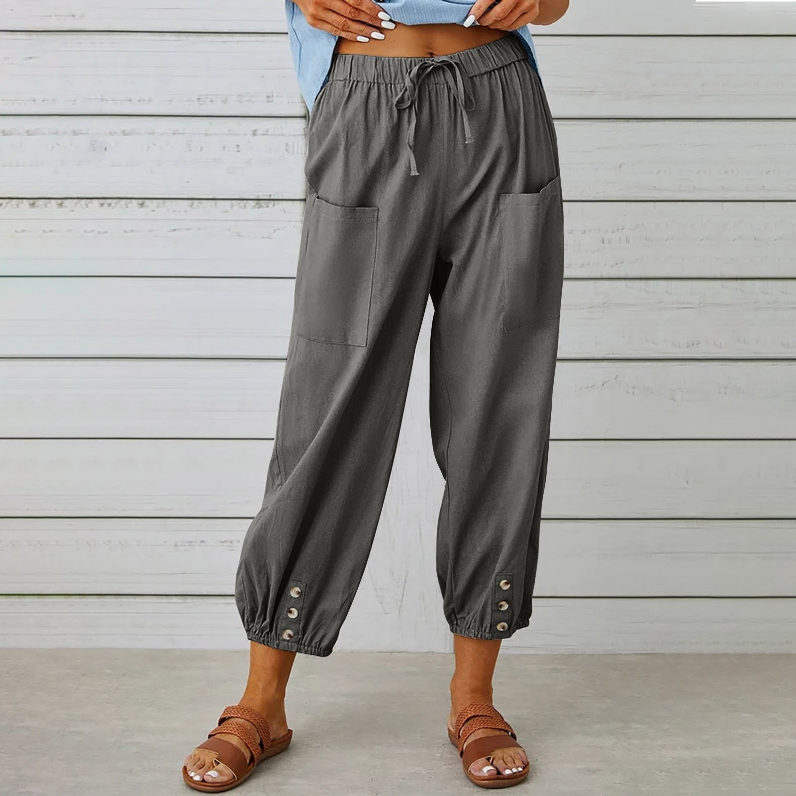 Cotton Linen Pockets Solid Loose Casual Long Trousers