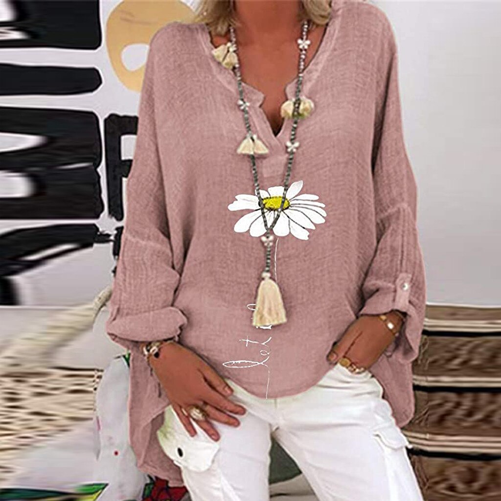 Long Sleeve Floral Print Loose V-Neck Shirt