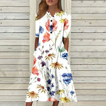 Vintage Casual Floral Print A-Line Short Sleeve Pocket Boho Dress