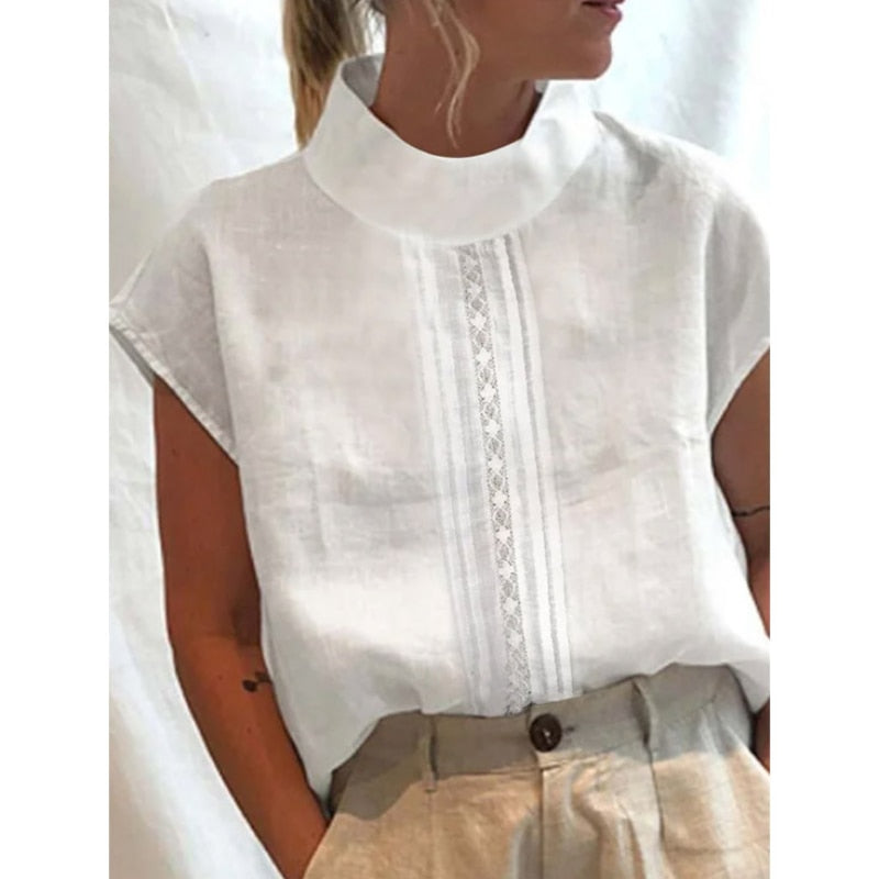 Solid Cotton Linen Hallow Lace Patchwork Short Sleeve T-Shirt