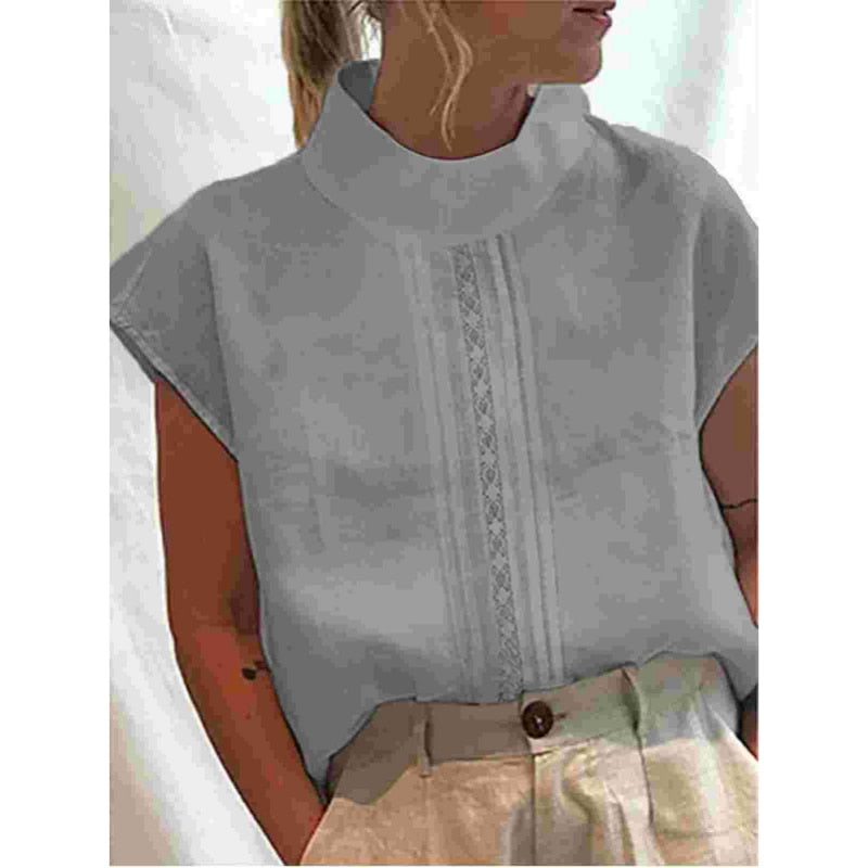 Solid Cotton Linen Hallow Lace Patchwork Short Sleeve T-Shirt